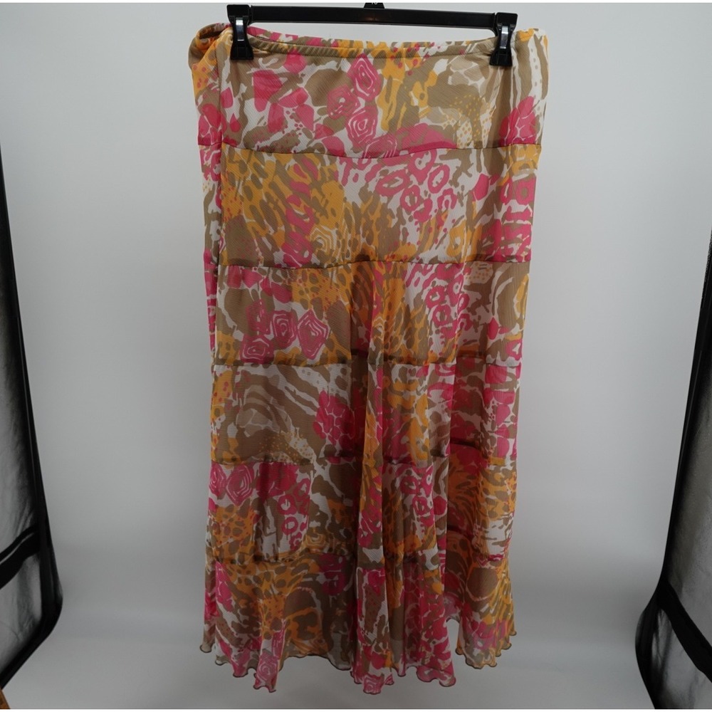 Ruby Rd Womens Pink Orange Abstract Floral Tiered Maxi Skirt Size 14 Boho‎ Flowy